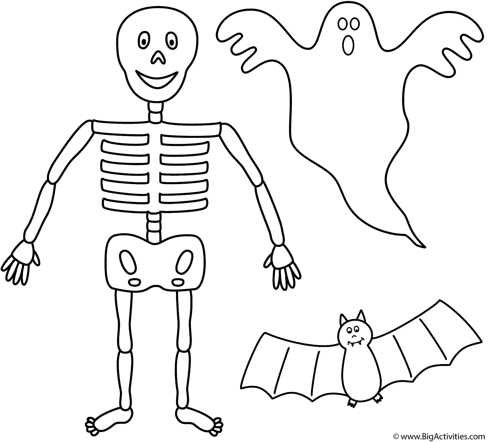 Skeleton With Bat And Ghost - Coloring Page (Halloween) in Printable Ghosts And Bats