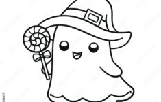 Stock-Vektorgrafik „Cute Ghost Wearing Witch Hat Holding Candy throughout Cute Ghost Outline