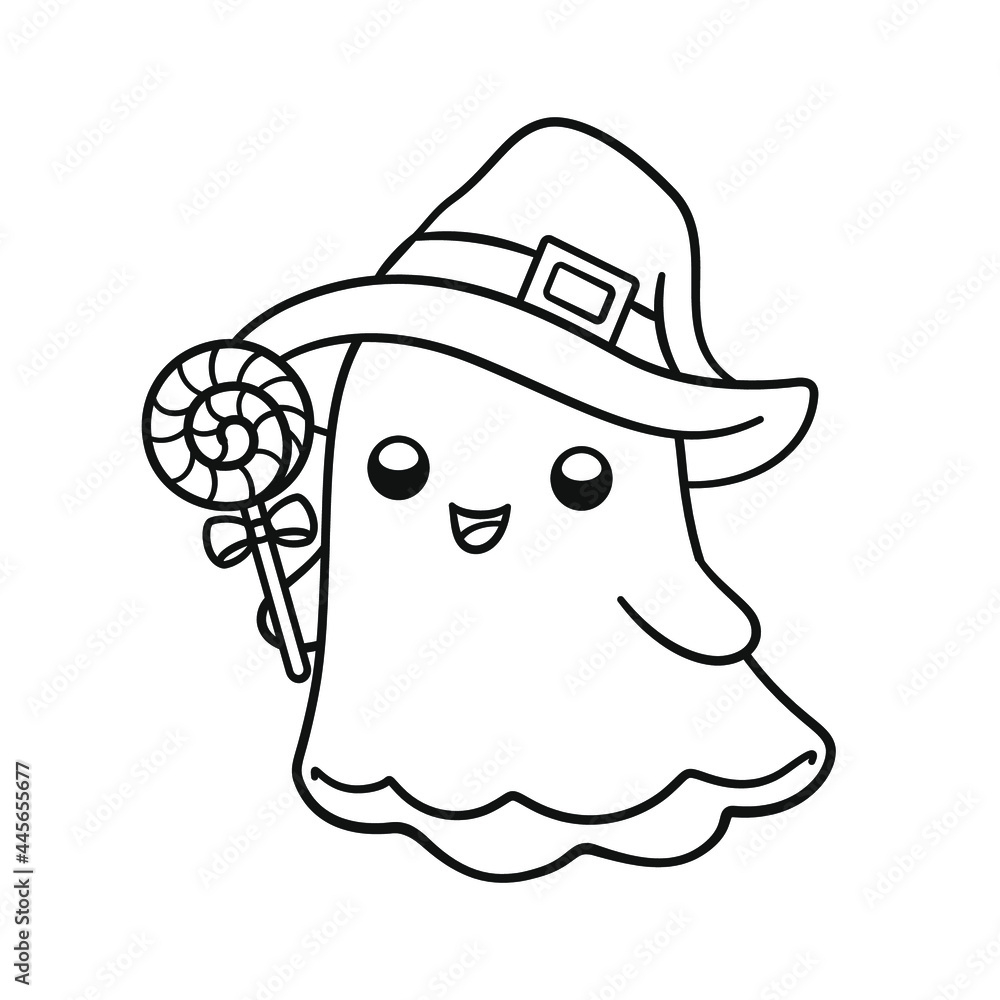 Stock-Vektorgrafik „Cute Ghost Wearing Witch Hat Holding Candy throughout Cute Ghost Outline