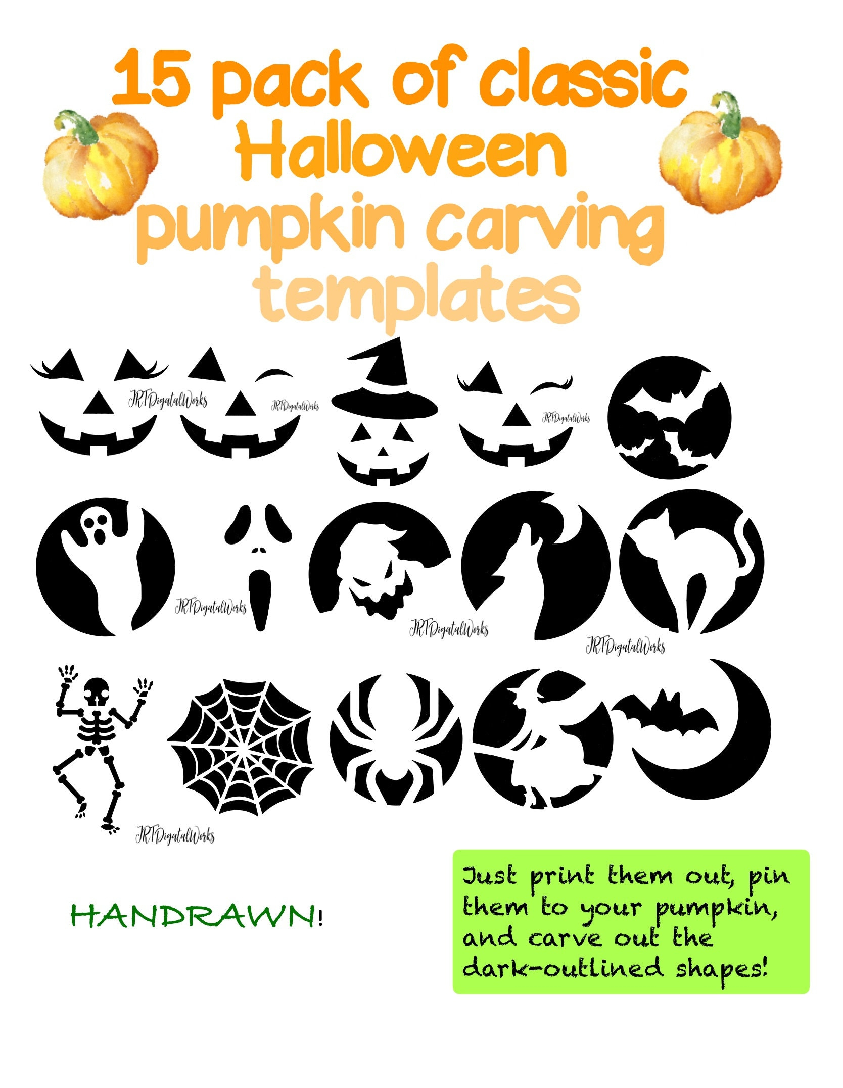 15 Handrawn Digital Printable Pumpkin Carving Stencils/Templates with Printable Thanksgiving Pumpkin Carving Patterns