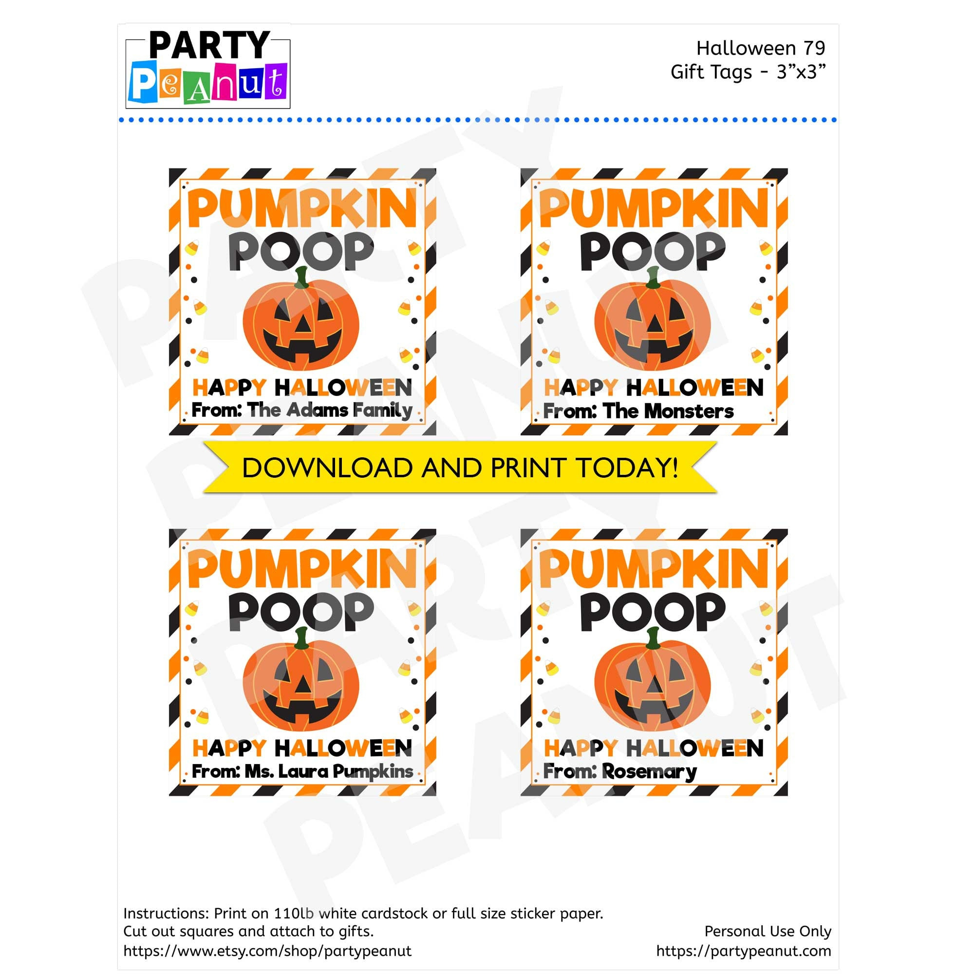 Pumpkin Poop Tag, Kids Halloween Gift, Halloween Treat Tags with Free Printable Pumpkin Poop Tags
