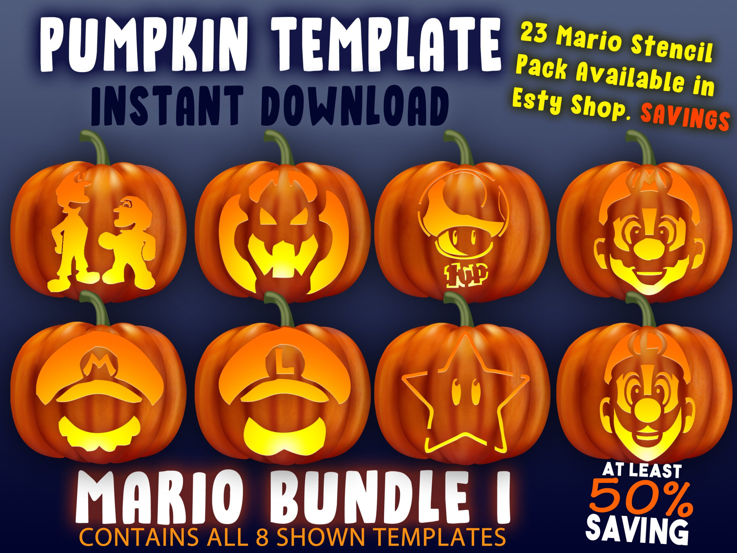 Super Mario Bundle 1 Pumpkin Carving Stencil Halloween Template A4 in Printable Bowser Pumpkin Stencil